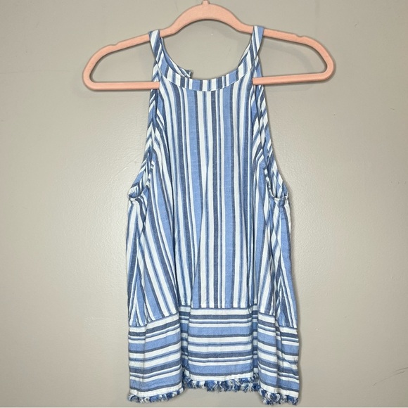Cloth & Stone Linen Blend Striped Raw Hem Sleeveless Button Back Detail Boho Top - Picture 3 of 10